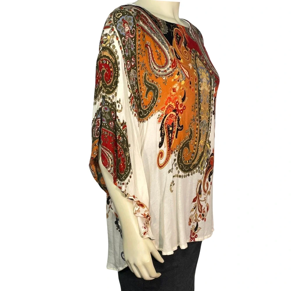 Chico's Sz XS/S Poncho Short Sleeve Boho Paisley Scarf Print Lightweight Rayon